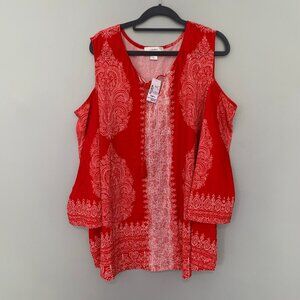 NEW CJ Banks Cold Shoulder Blouse Women 3X Red Paisley Lace Tassel Top